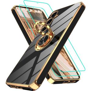 Gritup for Samsung Galaxy S24 Case: with 2Pcs Screen Protector, 360 Rotation Ring Holder Magnetic Kickstand Plating Gold Edge Soft TPU Shockproof Protective Cover for S24, Black