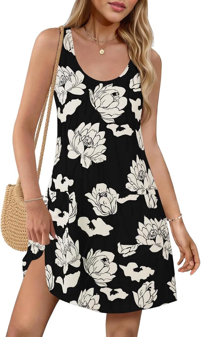 Wenrine Womens Summer Dresses Casual Floral V Neck Sleeveless Loose Boho Beach Tank Dress Sundress with Pockets (Medium, Black)