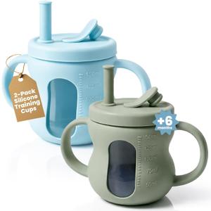 2 x Silicone Sippy Training Cups with Straw 2-Pack, 6 oz Leak Proof Toddler Cups for Babies 636 Months, Bottle Weaning Cup Set, BPA Free Silicone with Handles, Green and Blue
