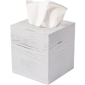 Tissue Box Cover Square, Rustic White Wooden Tissue Box Holder for Kleenex - Facial Tissue Holder for Bathroom, Bedroom, Office, Vanity (5.5*5.5*6.0 inch)
