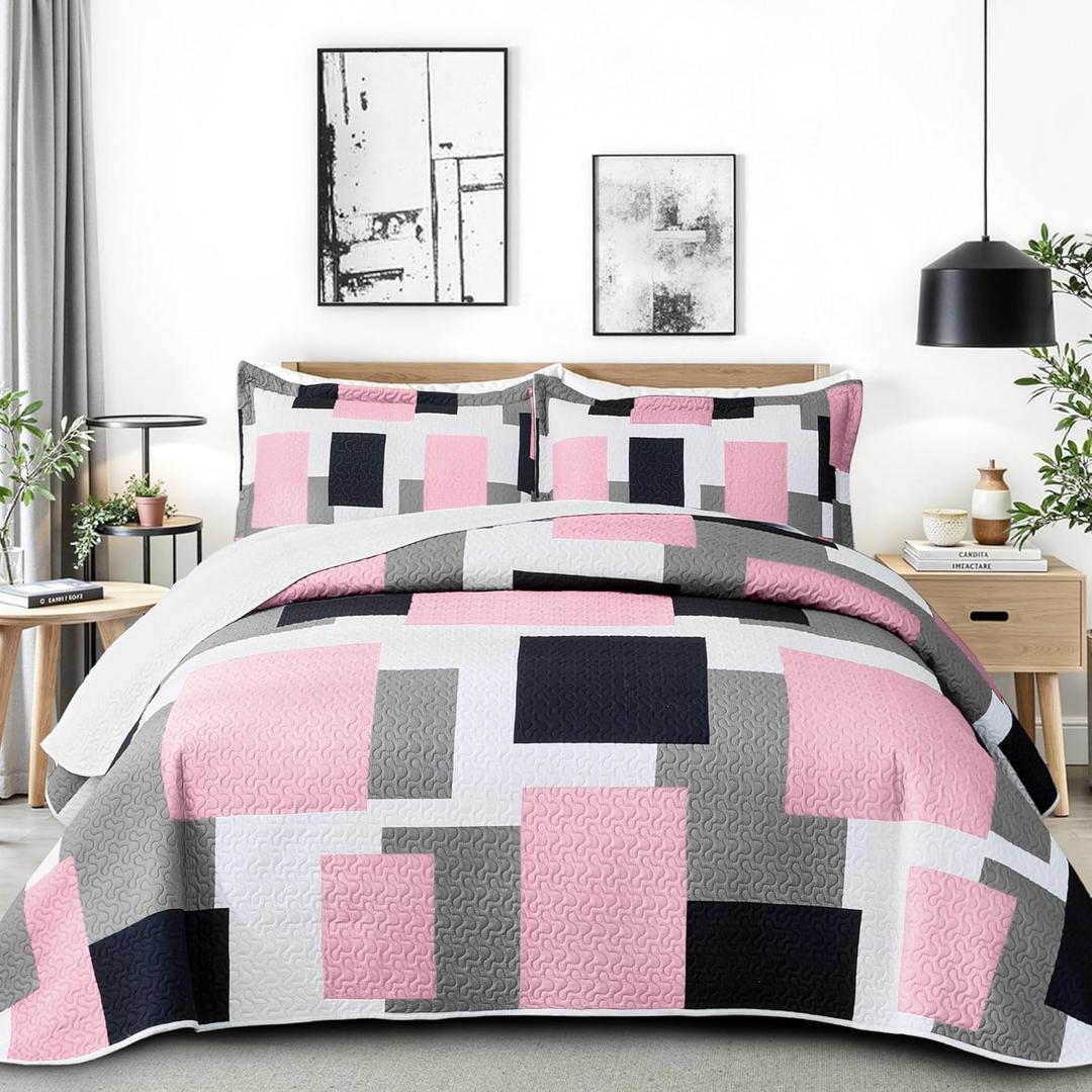 Tyrot 2 Piece Pink Grey Quilt Set Twin Size Pink Gray White Geometric Reversible Bedding Set Microfiber Lightweight Bedspread Coverlet with 1 Sham1 Modern Bed Cover for All Season, 68''x86''