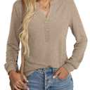 EasyGala Womens V Neck Long Sleeve Shirts Henley Dressy Casual Tops Loose Fit Trendy Tees Fall T Shirts Outfits 2025 Khaki (Beige, L)