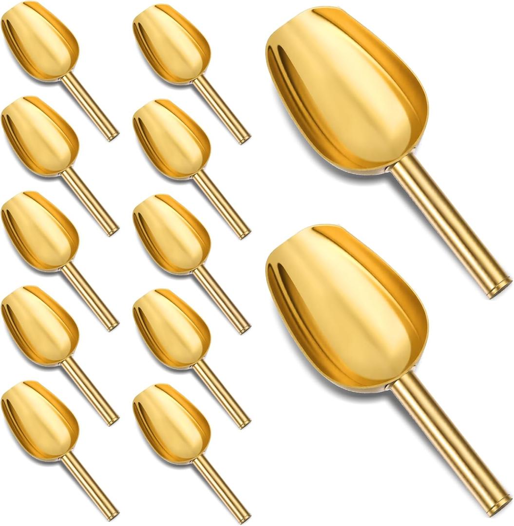 12pcs Gold Ice Scoopers for Ice Bucket, 5 Oz Candy Scoops for Candy Buffet Stainless Steel Mini Scoop Metal Food Scoops for Jars Canisters Scooping Dry Goods, Sugar, Coffee Bean, Flour, Spice