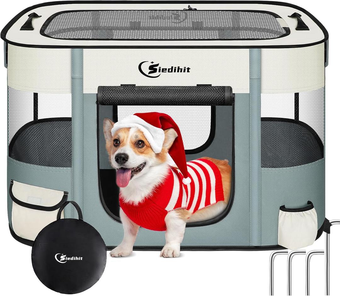 Dog Playpen,Cat Pet Puppy Pen,Portable Playpens for Dogs Indoor Outdoor Travel Camping Use,Foldable Dog Kennel Crate for Rabbit Small Animals with and Tent Stakes (Grey, Lagre) (Large)