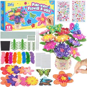 Zefy Poke Art Flower Bouquet, Mess-Free Arts and Crafts for Kids, Creative DIY Activities with 8 Colors 10 Flowers & 2 Butterflies, Birthday Valentine Gifts for Girls Craft Kits 4-12