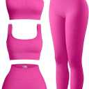 4 Piece Workout Sets For Women Ribbed Leggings Clothes Yoga Sets Active Wear Matching Work Out Sets Gym Pilates Outfits (Medium, Pink)