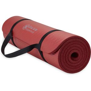 Gaiam Essentials Thick Yoga Mat with Easy-Cinch Strap (Red, 10mm) | Extra-Thick 10mm Cushioning | Textured Non-Slip Surface | Carrying Strap Included | Yoga, Pilates & Floor Workouts | 68"x24"