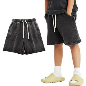 PEHMEA Boys Girls Cotton Shorts, Athletic Casual Jogger Loose Fit Kids Short with Pockets Elastic Waist Drawstring for 5-14Y (X-Small, Black)