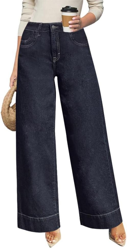 Women's High Waisted Wide Leg Jeans - Stretchy Straight Leg Denim Pants, 2025 Trendy Casual Comfort Fit (8, Dark Blue)