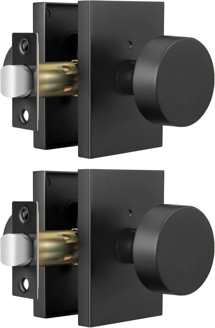 Goldenwarm Black Door Knobs Interior, Heavy Duty Matte Black Interior Door Knobs for Bedroom Bathroom, Round Privacy Door Knob, Zinc-Alloy Rectangle Rosette Indoor Doorknob (2 Pack)