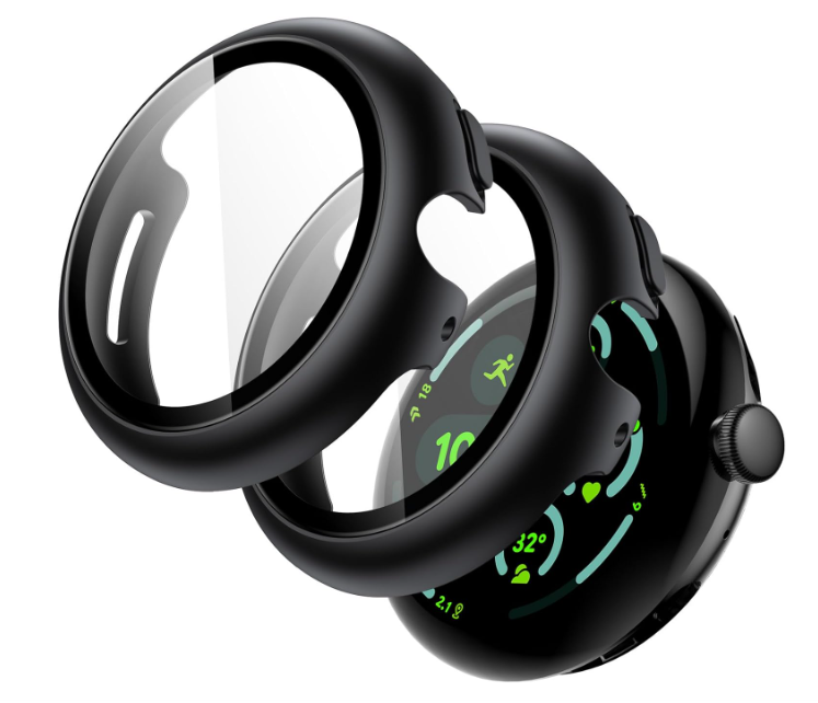 JETech Case with Screen Protector for Google Pixel Watch 3 (2024) 45mm, Built-in 9H Tempered Glass Film Hard PC Bumper Full Coverage Protective Cover, 2-Pack (Black)