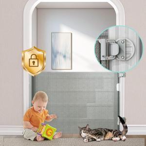 No-Drill Retractable Baby Gates for Stairs with Auto-Lock,33" Tall,Extends up to 55" Wide Mesh Baby Dog Pet Cat Gate with Double Lock for Doorways,Child Gate for Hallways Kitchen Indoor Outdoor Grey