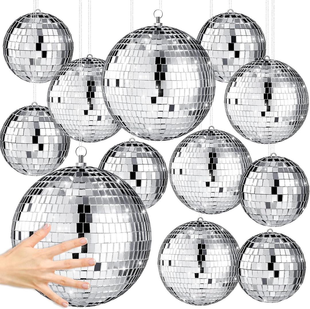 Libima 12 Pack Bulk Large Disco Ball Decorations, Silver Mirror Hanging Disco Balls Ornaments for Christmas Tree, Mothers Day, 70s 80s Party, Wedding, Prom, DIY Decor(12'', 8'', 6'', 4'')