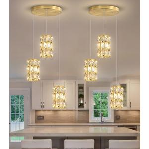 cenozo 3-Lights Modern Crystal Pendant Lights for Kitchen Island LED Dimmable Glam Pendant Lighting Chandelier for Dining Room Hallway Corner Lamp Gold