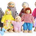 Lovely Happy Family Dolls Playset Wooden Figures Set of 7 People with Dog for Kids Children Toddlers Dollhouse Pretend Gift