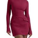 Cicy Bell Womens Long Sleeve Bodycon Dress Mock Neck Slim Fit Party Cocktail Fall Mini Blazer Dresses Burgundy