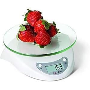 Taylor Digital Kitchen Scale with Glass Platform, Tare Button, and Plastic Body Weighs up to 11 Pounds Capacity, White