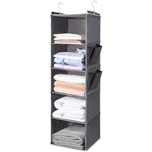 BOOMIBOO Hanging Closet Organize and Shelves，5-Hanging Shelf with 2 Side Pockets，Storage Foldable （Grey）