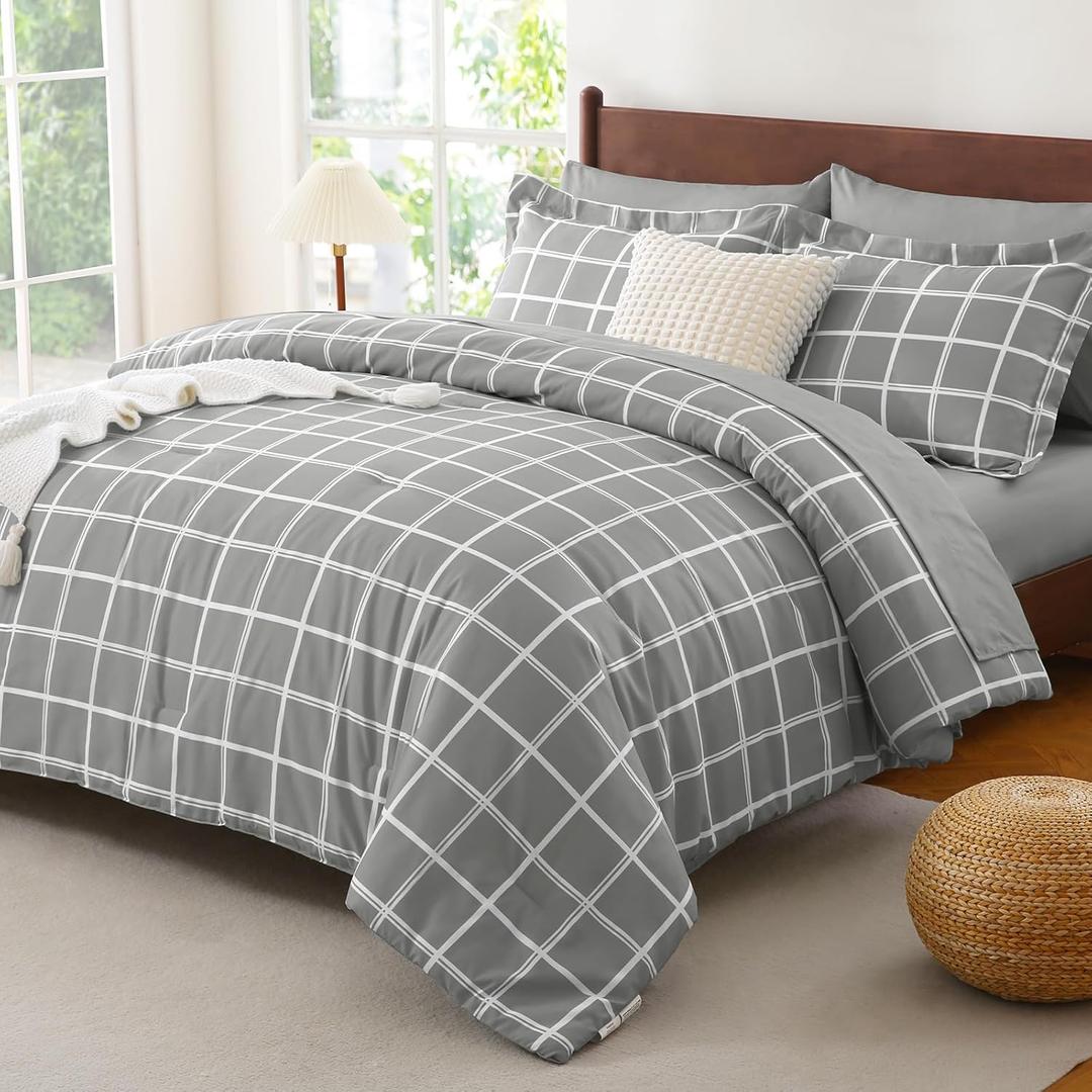 CozyLux Queen Comforter Set with Sheets - 7 Pieces Plaid Bed in a Bag Set Grey, Soft Queen Bedding Sets Bed Set with All Season Quilted Comforter, Flat Sheet, Fitted Sheet, Pillowcases & Pillow Shams