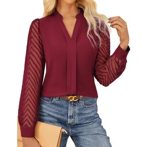 GRACE KARIN Women Business Casual Tops Sheer Lace Long Sleeve Blouses Work Office Pleated V Neck Shirt Fall Formal Outfits (XX-Large, Wine Red)