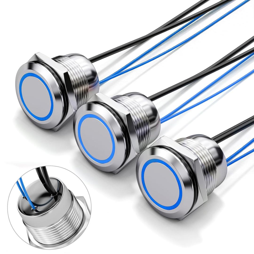 3Pcs 19MM Latching LED Push Button Switch, IP67 Waterproof 12V 20A DC with Pre-Wired Leads for Marine Boat, Outdoor Control (Blue LED, 1NO 1NC, 304 Stainless Steel)