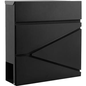 Wall-Mount Mailbox for House Outside, Security Key Drop Box with Lock and Keys, Steel Metal Mail Box with Newspaper Compartment, 14.57 x 14.57 x 4.33 Inch, Black, MD021 X-Large