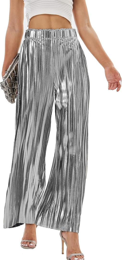 Heipeiwa Women's Shiny Pleated Wide Leg Pants Party Nightout High Waist Trouser Folded Lightweight Outfit Clubwear, Size: Small