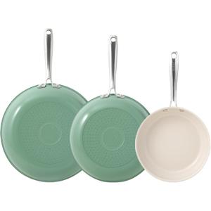 Redchef Non Stick Ceramic Frying Pan Set, Non Toxic Ceramic Pans for Cooking, 8" 9.5" 11" Skillet Set, No PFAS & PTFE & PFOA with Stainless Steel Handle, Dishwasher & Oven Safe Max up to 842F (Green)