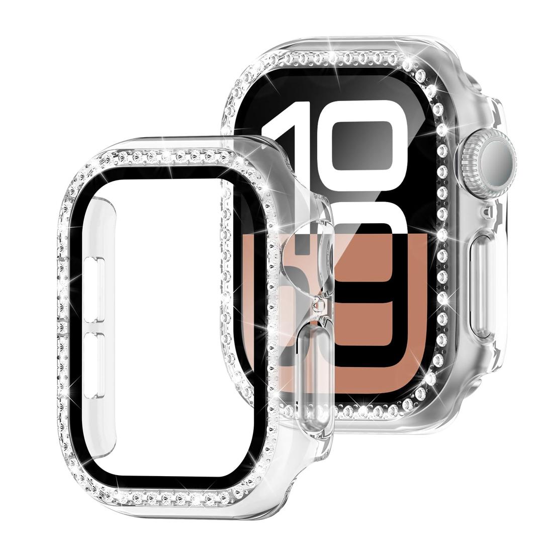 2 x EasEasy Bling Case Compatible for Apple Watch Series 10 46mm Screen Protector, Glitter Diamond Hard PC Protective Case & Lightweight Anti-Scratch HD Screen Protector for iWatch 46mm-Rose Gold