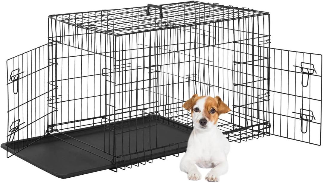 FDW Dog Crate for Small Dogs 24 Inch Folding Metal Wire Pet Cage Double Door W/Divider Panel Indoor Outdoor Kennel Leak-Proof Plastic Tray, Black