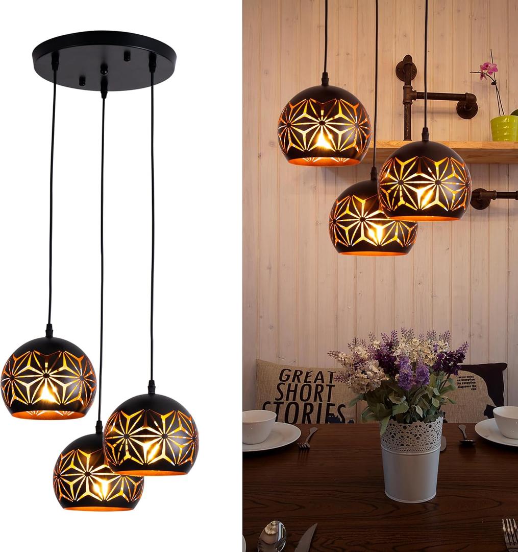 3-Light Pendant Light with Snowflake Carved Shade, Adjustable Height, Matte Black Finish, Pendant Lights Kitchen Island, E26 Base  Vintage Chandelier for Kitchen, Dining Room, Living Room, Caf, Bar