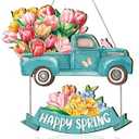 Barydat Spring Door Sign Tulip Gnome Wreath for Front Door Wreath Truck Gnome Welcome Hanger Wooded Hanging Wall Sign for Home Summer(Truck)