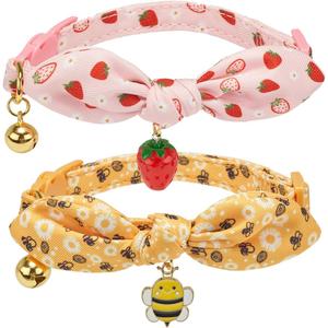 Bowtie Cat Collar with Bell 2 Pack Stylish Breakaway Kitten Collars with Removeable Bowknot,Yellow Bee & Pink Strawberry (7.5-11.4 Inch (Pack of 2))
