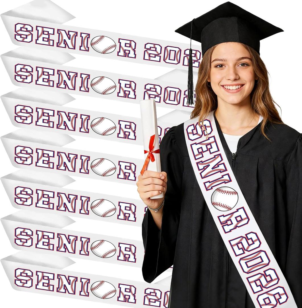 8 Pcs White Senior Sashes Class of 2026, Baseball Senior 2026 Sash for High School College Graduation Decorations Cheerleader Celebration Class Competition Sports Party Favors