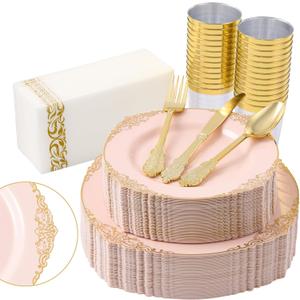 Fijinhom 350pcs Pink Plastic Plates, Elegant Disposable Dinnerware Set, 125 Pieces, White and Gold, Plates, Cups, Cutlery and Napkins (Pink, 50 Guests)