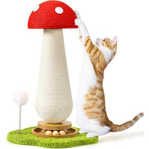 Cat Scratching Post, Mushroom Cat Scratcher with Interactive Ball Track Spring Ball Toys Cute Sisal Scratchers Post for Indoor Adults Kitten with Stable Base