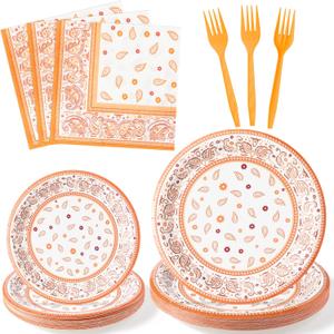 2 x K1tpde Fall Bandana Party Tableware - 96PCS Cholo Gangsta Theme Orange Paper Plates Set Disposable Dinnerware Paper Napkins Forks for Western Cowboy Autumn Birthday Party Supplies Decoration, 24 Guest