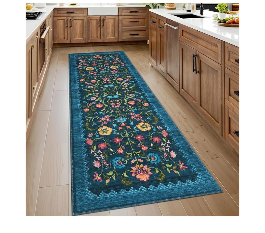 GarveeHome Floral Rug 2x6 Runners for Hallways, Boho Kitchen Runner Rugs Non Slip Bath Runners, Vintage Washable Runner Rug for Bedroom, Soft Long Rugs for Entryway Bathroom Laundry Dorm, Blue