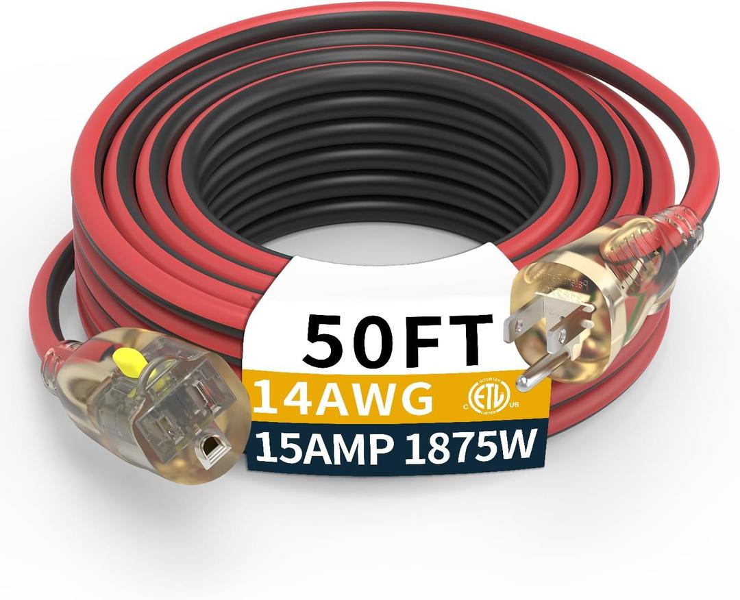 50FT Medium Duty Outdoor Extension Cords, 14/3 Gauge Electrical Wire Cable, 15 Amp Waterproof, LED Lighted Locking Plug for Indoor and Outside Use, Power Cord ETL Certified