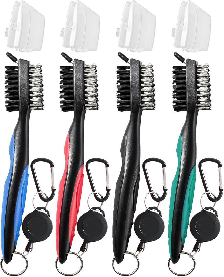 Golf Club Brush and Club Groove Cleaner with Retractable Zip-line and Aluminum Carabiner Cleaning Tools (4 Pack-Black/Red/Blue/Green)