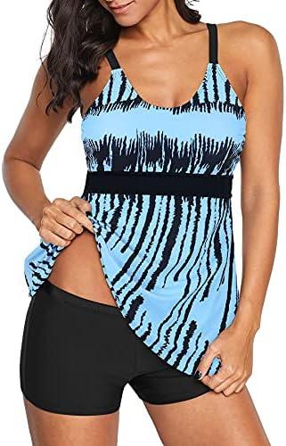 Zando Plus Size Tankini Swimsuits for Women Swim Suits for Women 2025 Two Piece Swimsuit Womens Tankini Bathing Suits Tummy Control Bathing Suit Top with Shorts Light Blue Stripe, 3XL