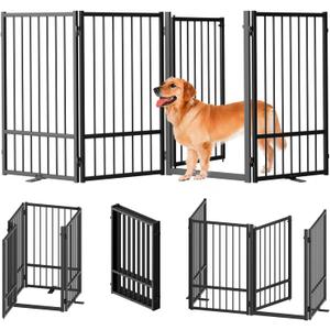 Full Metal Freestanding Dog Gate with Door, 32''Height Foldable Pet Dog Fence for Indoor & Outdoor, 4 Panels Extra Wide Free Standing TallDog Gates for Doorways,House,Stairs,Porch,Deck,Yard (Black)