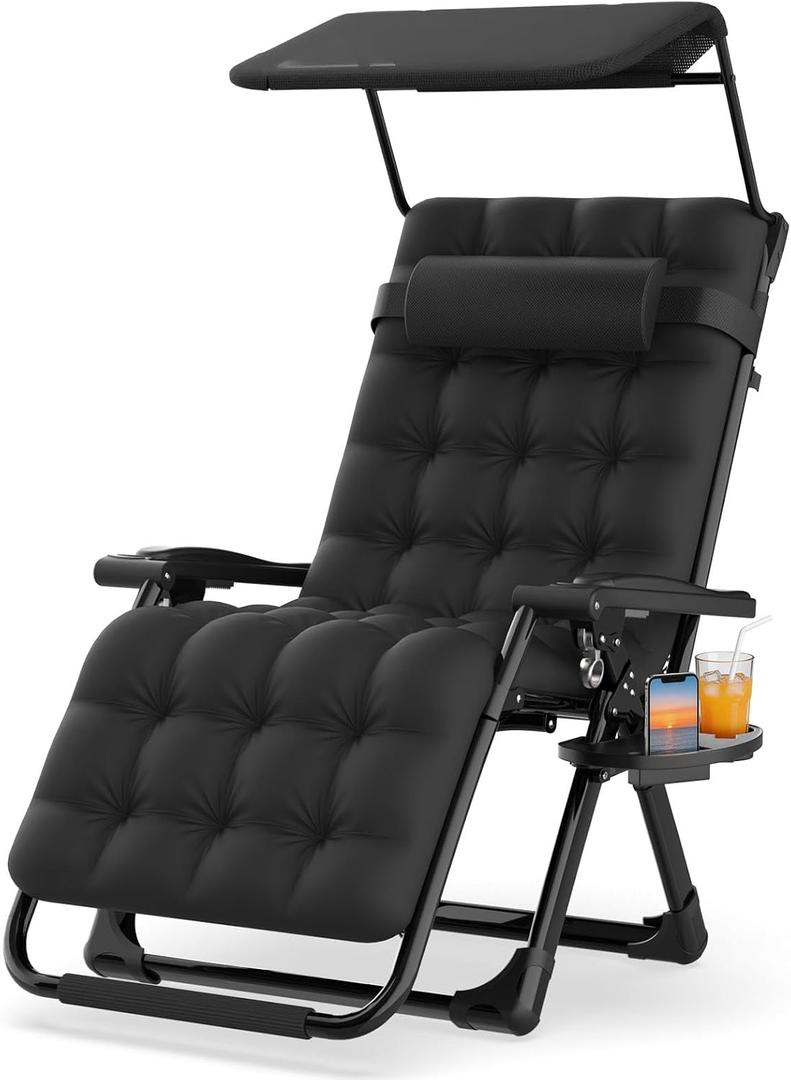 Suteck Zero Gravity Chair with Canopy, Reclining Camping Lounge Chair w/Removable Cushion, Upgraded Lock and Cup Holder, Reclining Patio Chairs Folding Recliner for Indoor and Outdoor, 26Inch