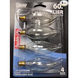 Feit Electric 60W Chandelier 120V Flame Tip Clear Candelabra Base 4 Pack