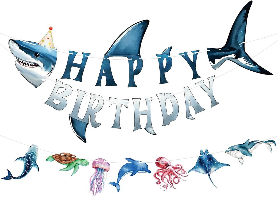 Shark Happy Birthday Banner Shark Garland Ocean Animals Party Decorations Hanging Wall Decor for Kids Boys Beach Under The Sea Birthday Baby Shower Shark Party Supplies