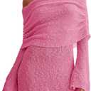 Imily Bela Womens Beach Swimsuit Cover Ups Summer Off The Shoulder Long Bell Sleeve Sheer Mini Dress (Small, Pink)