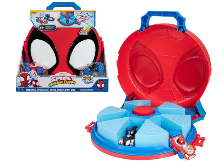 Jazwares Marvel Spidey and His Amazing Friends Action Launch Carry Case - 12-Inch Carry Case with Rotating Launcher and Two Exclusive Amazing Metals Vehicles