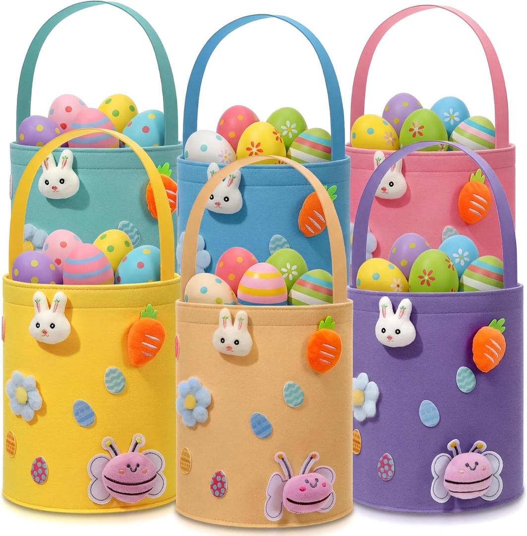 Breling 6 Pcs Large Easter Egg Basket Bulk Easter Bunny Baskets with Handles Reusable Felt Bucket for Candy Gifts Storage Party Favors 10 x 9 x 9 Inch(Pastel)