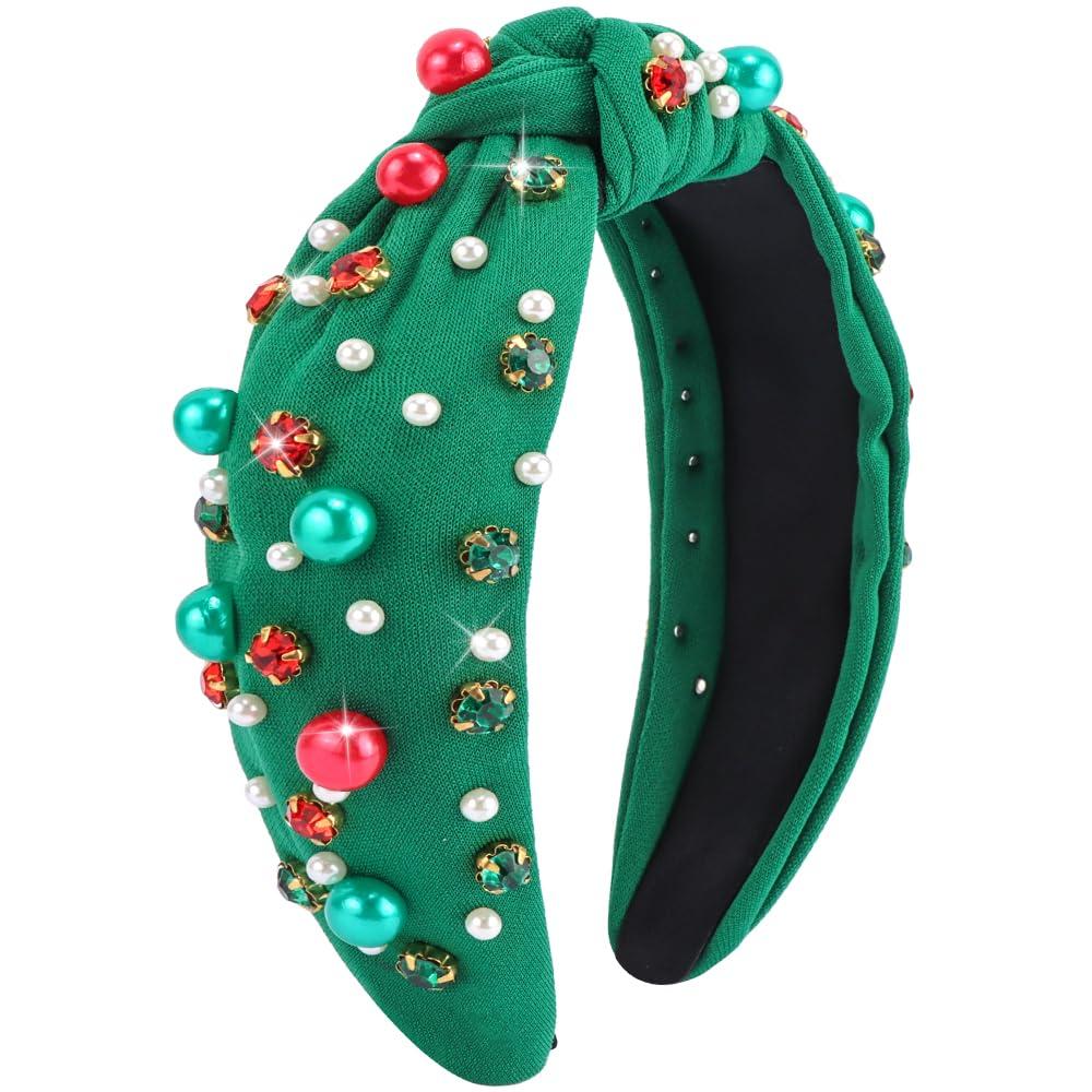 2 x TODDER Green Christmas Knotted Headband, Santa Embellished Pearl Rhinestone Crystal Headband for Women and Girls Christmas Hair Accessories Costumes and Gifts for Themed Parties and Holiday