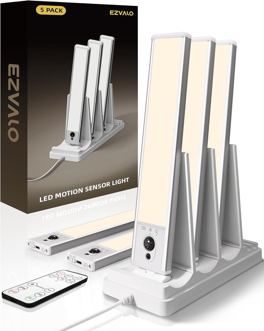 EZVALO 5-Pack Under Cabinet Lighting with Charging Station, 2400mAh Motion Sensor Light, LED Coutner Lights Wireless, 3000K Dimmable, Timer, Magnetic, with Remote Control for Kitchen, Closet, Stair